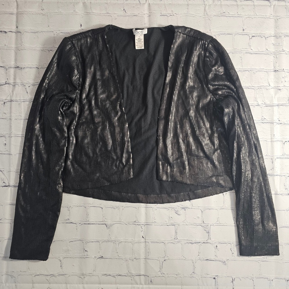 Cache Medium Black Sequin Bolero Jacket Long Sleeve Open Front Cropped Shrug M